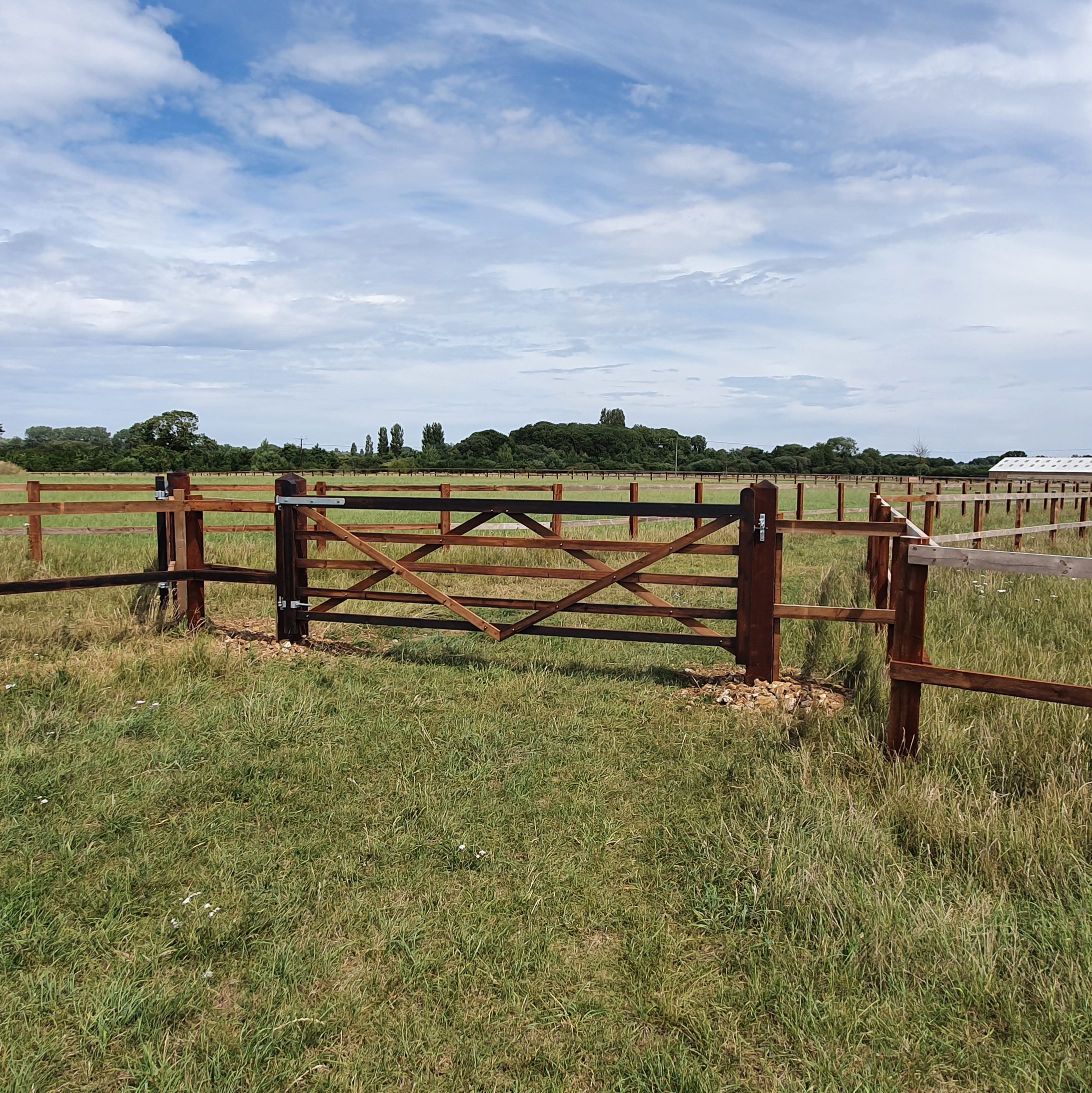 A wooden gate stands in the middle of a grassy field, surrounded by a rustic fence. The sky above is partly cloudy, and trees can be seen in the distance.