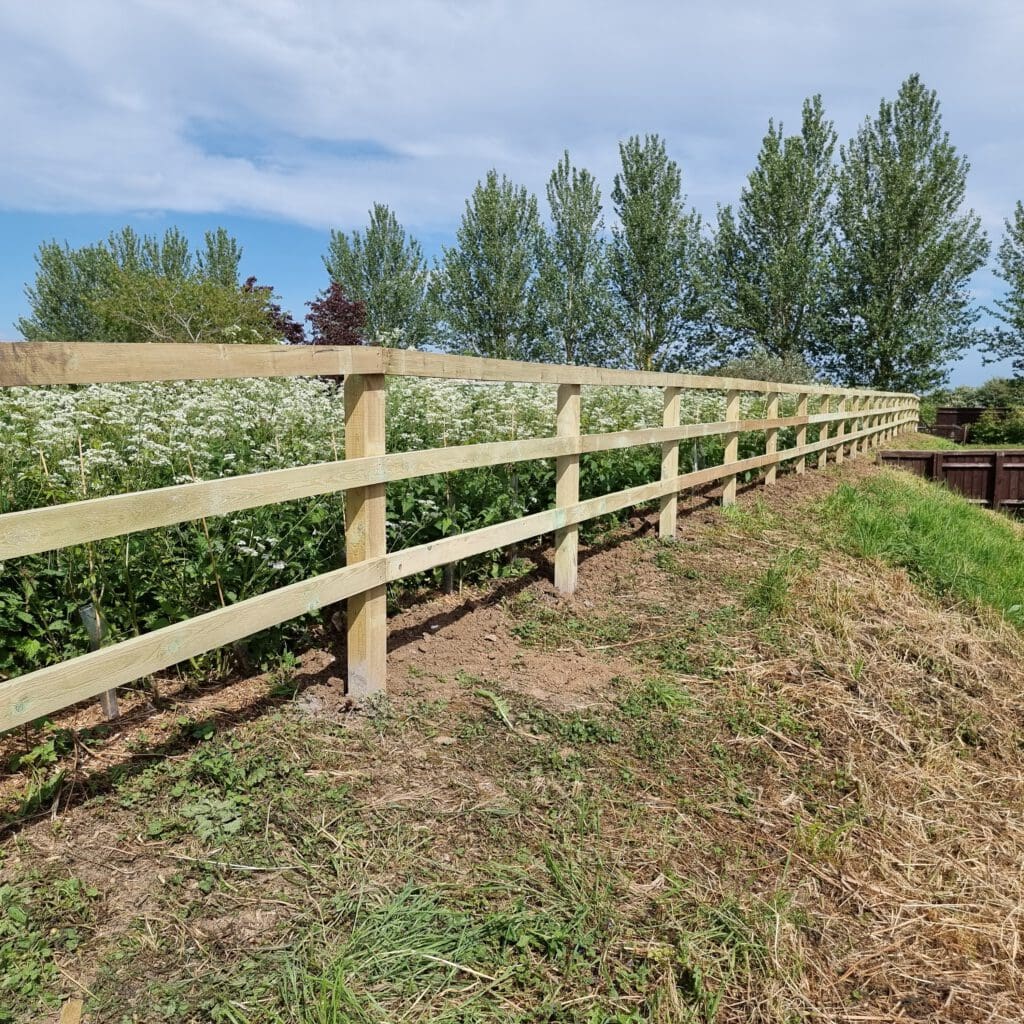 A wooden fence runs alongside a lush green field under a partly cloudy sky. The fence separates the field from a grassy area, with tall trees and various plants visible in the background.